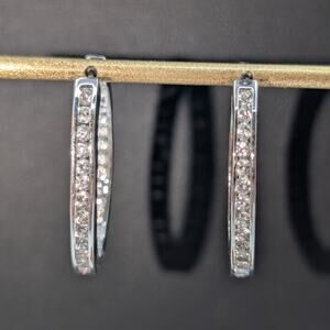 Silver Tone Non Magnetic CZ In and Out Oval Huggie Hoop Earrings